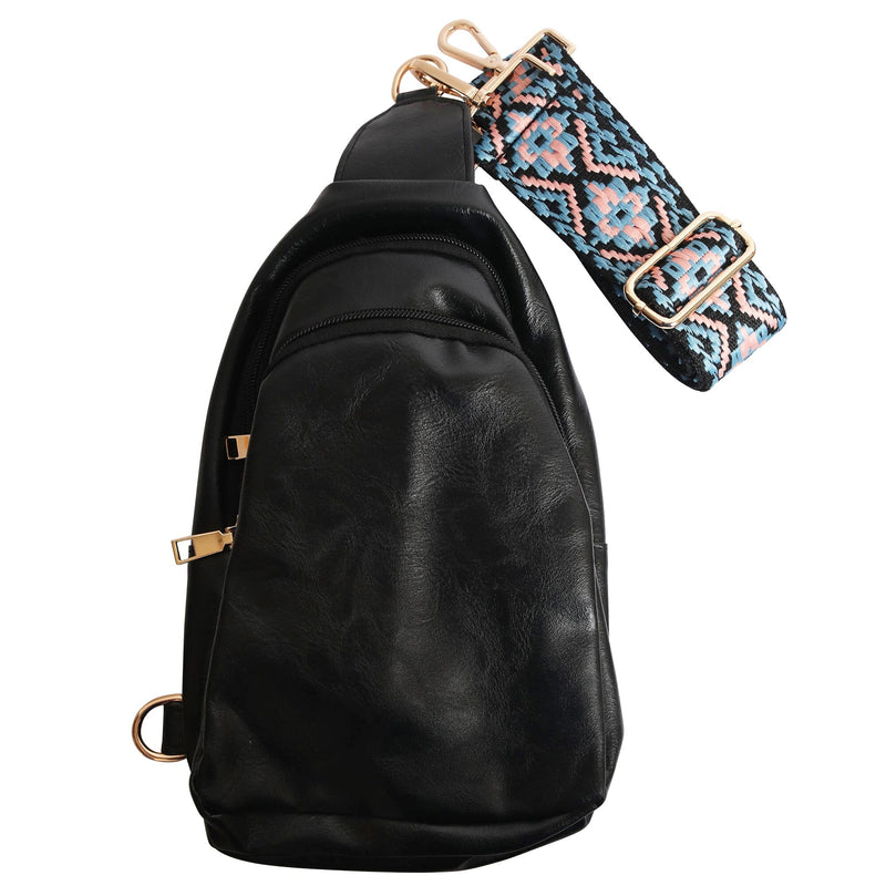 Shoulder Crossbody Sling Faux Leather Bag with Printed Strap Bags & Travel Black - DailySale