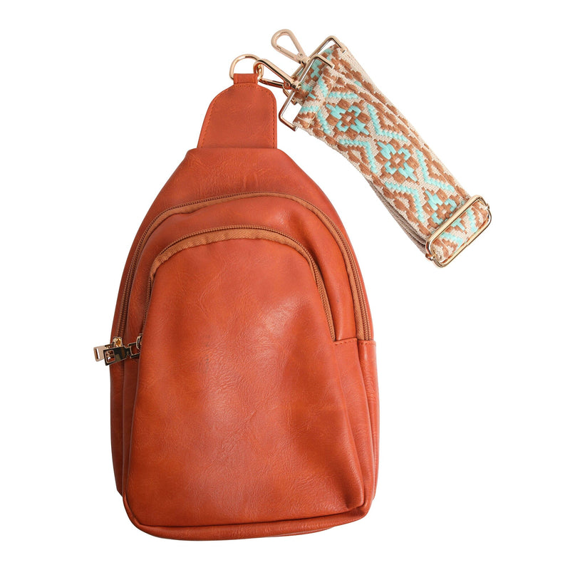 Shoulder Crossbody Sling Faux Leather Bag with Printed Strap Bags & Travel Camel - DailySale