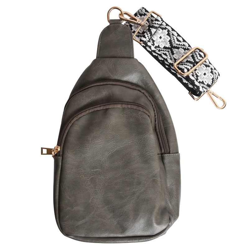 Shoulder Crossbody Sling Faux Leather Bag with Printed Strap Bags & Travel Gray - DailySale