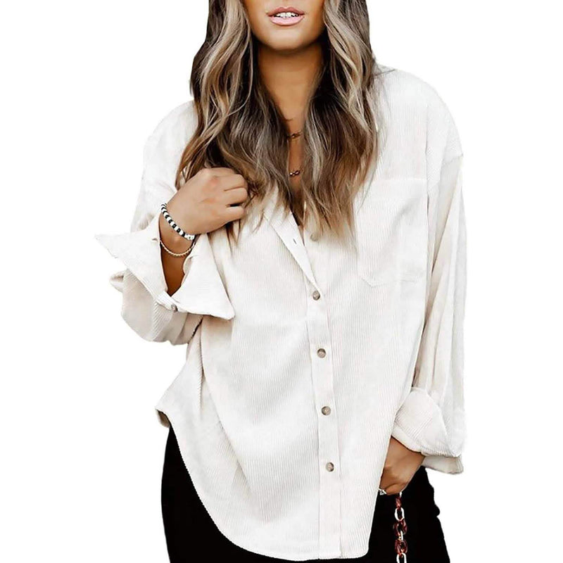 Sidefeel Women Corduroy Long Sleeve Button Down Shirt Oversized Jacket Tops Women's Outerwear Beige S - DailySale