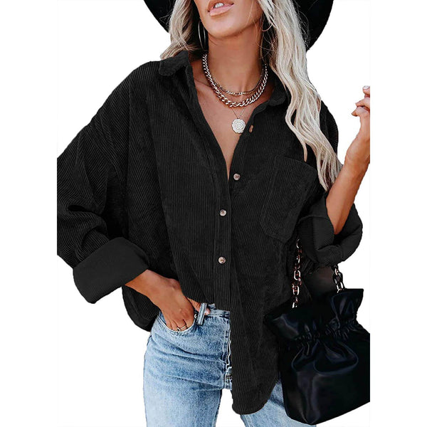 Sidefeel Women Corduroy Long Sleeve Button Down Shirt Oversized Jacket Tops Women's Outerwear Black S - DailySale