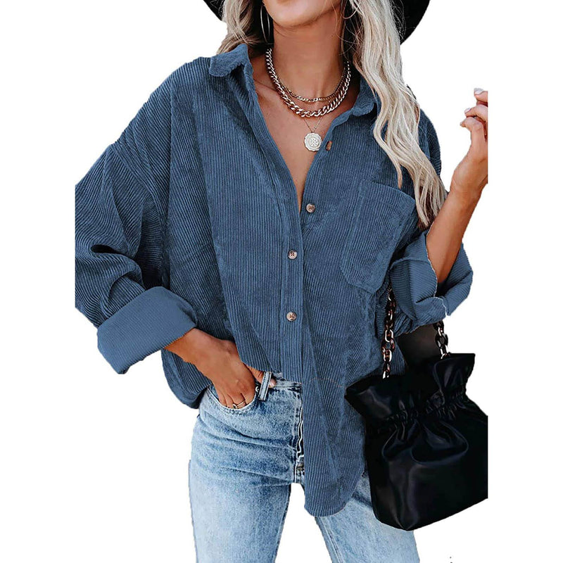 Sidefeel Women Corduroy Long Sleeve Button Down Shirt Oversized Jacket Tops Women's Outerwear Blue S - DailySale