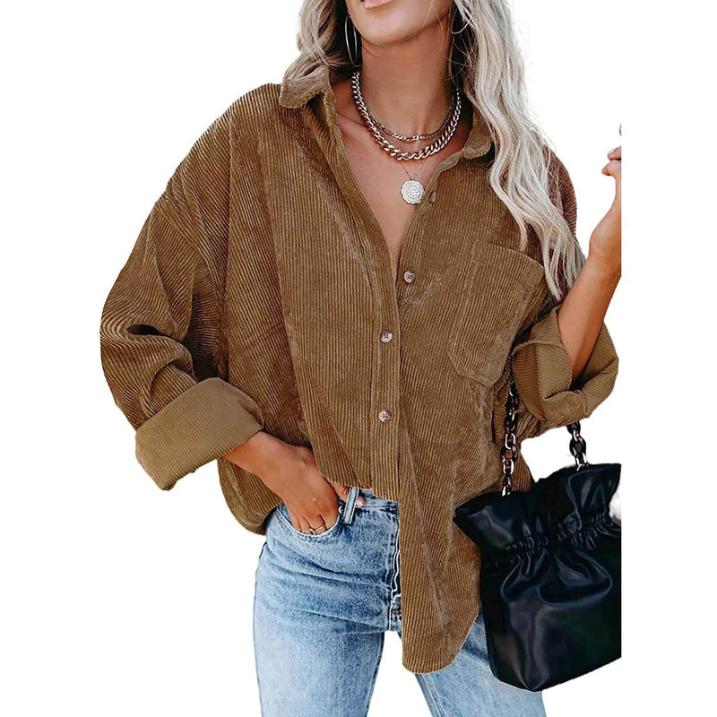 Sidefeel Women Corduroy Long Sleeve Button Down Shirt Oversized Jacket Tops Women's Outerwear Brown S - DailySale