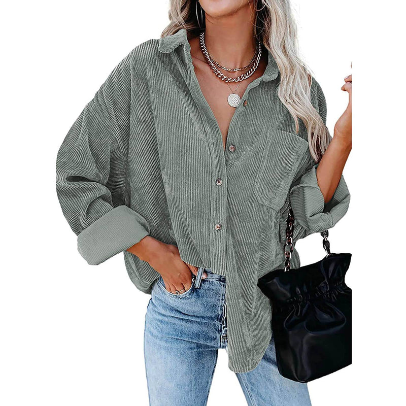 Sidefeel Women Corduroy Long Sleeve Button Down Shirt Oversized Jacket Tops Women's Outerwear Gray S - DailySale