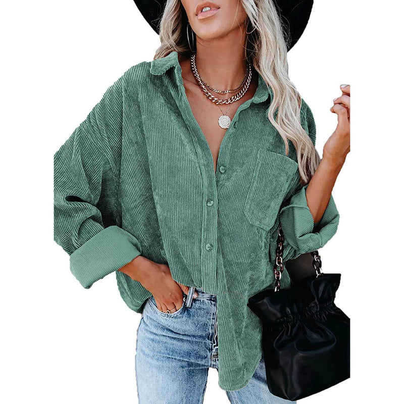 Sidefeel Women Corduroy Long Sleeve Button Down Shirt Oversized Jacket Tops Women's Outerwear Green S - DailySale