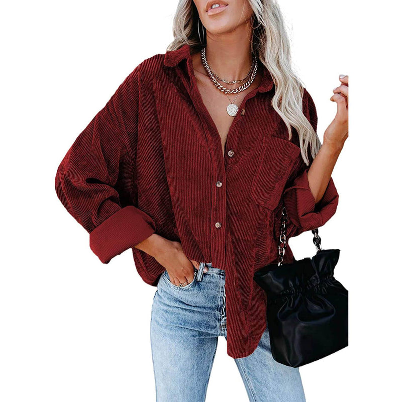 Sidefeel Women Corduroy Long Sleeve Button Down Shirt Oversized Jacket Tops Women's Outerwear Red S - DailySale