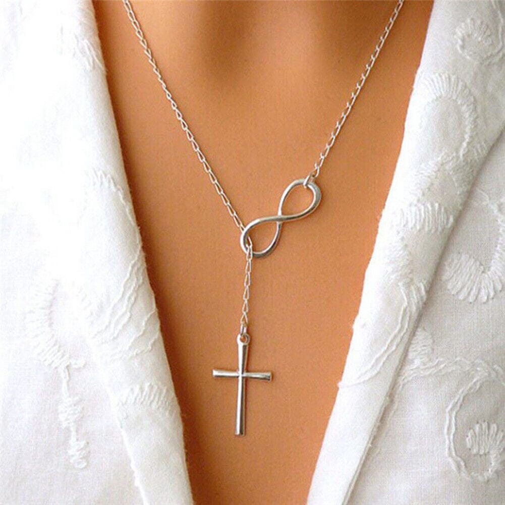 Silver Filled High Polish Finish Infinity Drop Cross Lariat Necklace Necklaces - DailySale