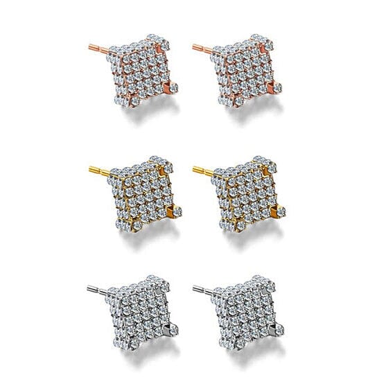 Silver Micro Pave Stud Earrings Clear Square 3D Sidestones Earrings - DailySale