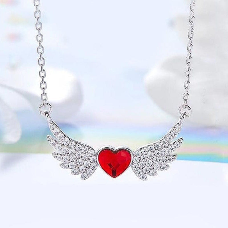 Simulated Ruby Heart Shaped Pav'e Angel Wings Pendant Necklace Jewelry - DailySale