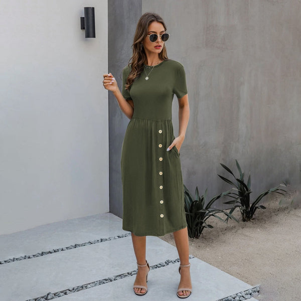 Slant Pocket Button Detail Dress Women's Dresses Army Green S - DailySale