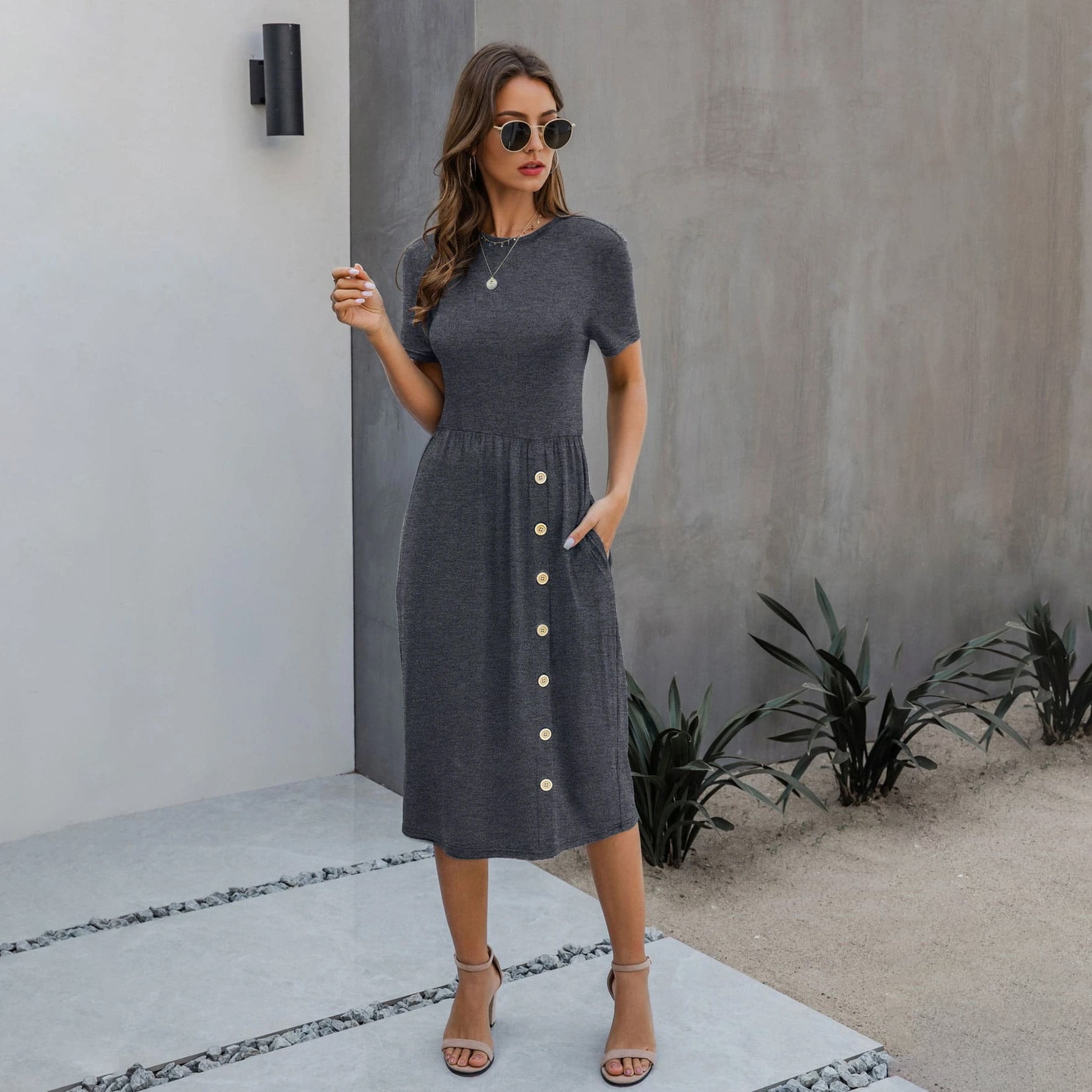 Slant Pocket Button Detail Dress Women's Dresses Dark Gray S - DailySale