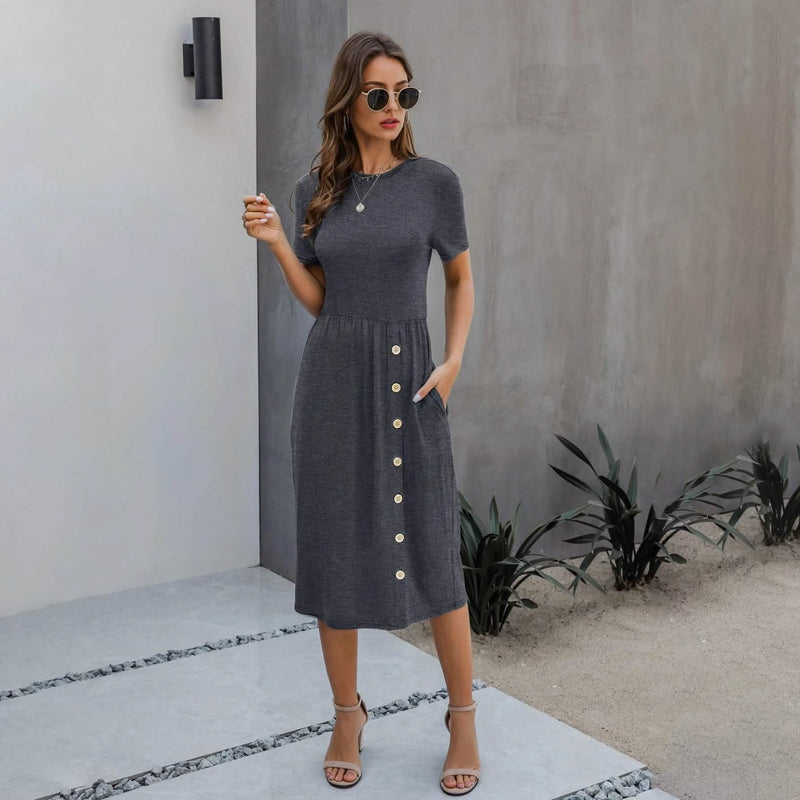 Slant Pocket Button Detail Dress Women's Dresses Dark Gray S - DailySale