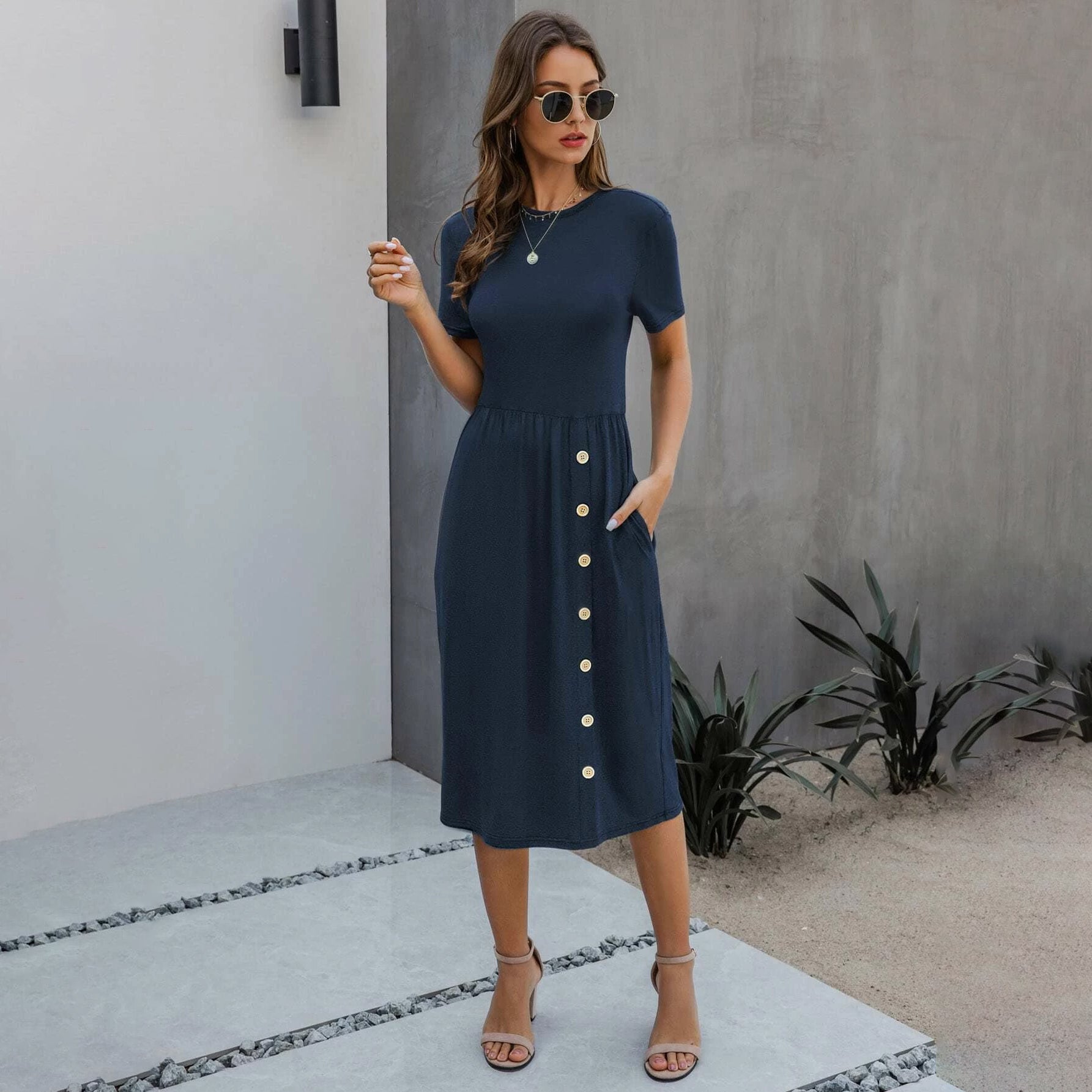 Slant Pocket Button Detail Dress Women's Dresses Navy Blue S - DailySale