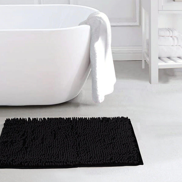 Slip-Resistant Shag Anna Chenille Soft Absorbent Bath Mat Bathroom Rug 17" x 24" Bath Black - DailySale