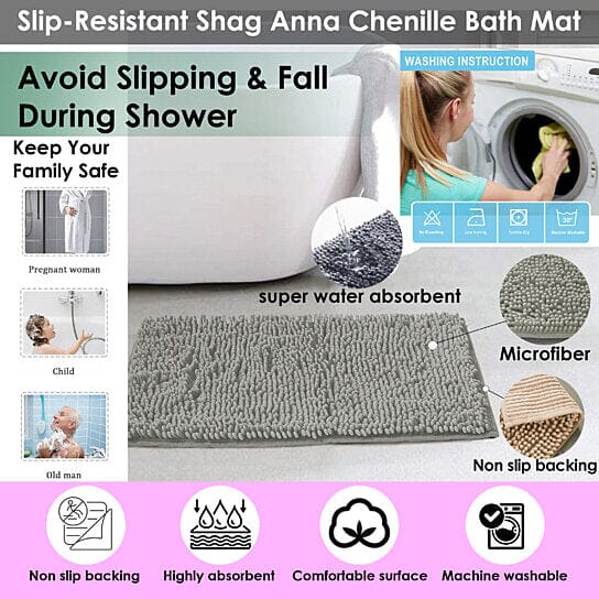 Slip-Resistant Shag Anna Chenille Soft Absorbent Bath Mat Bathroom Rug 17" x 24" Bath - DailySale