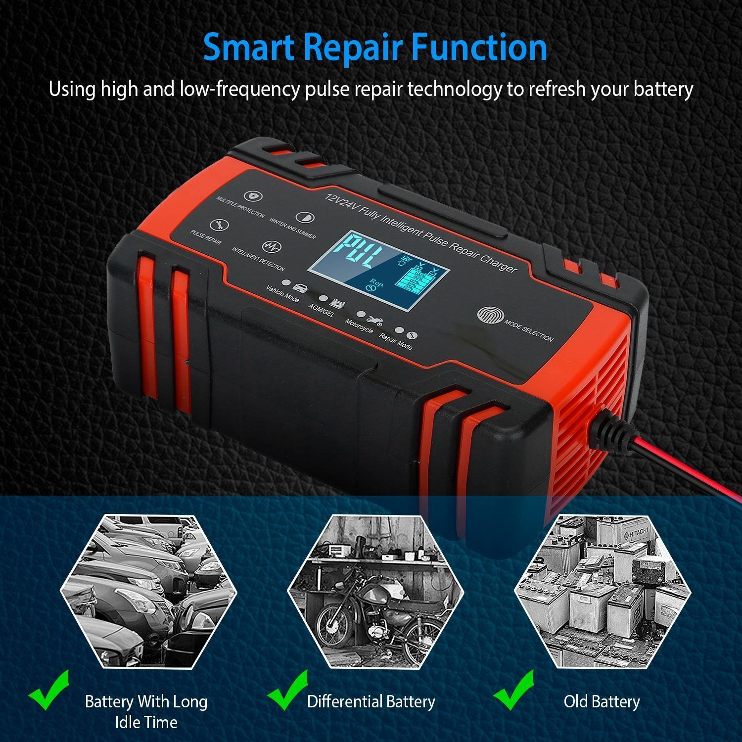 Smart Automatic Battery Charger with LCD Display Automotive - DailySale