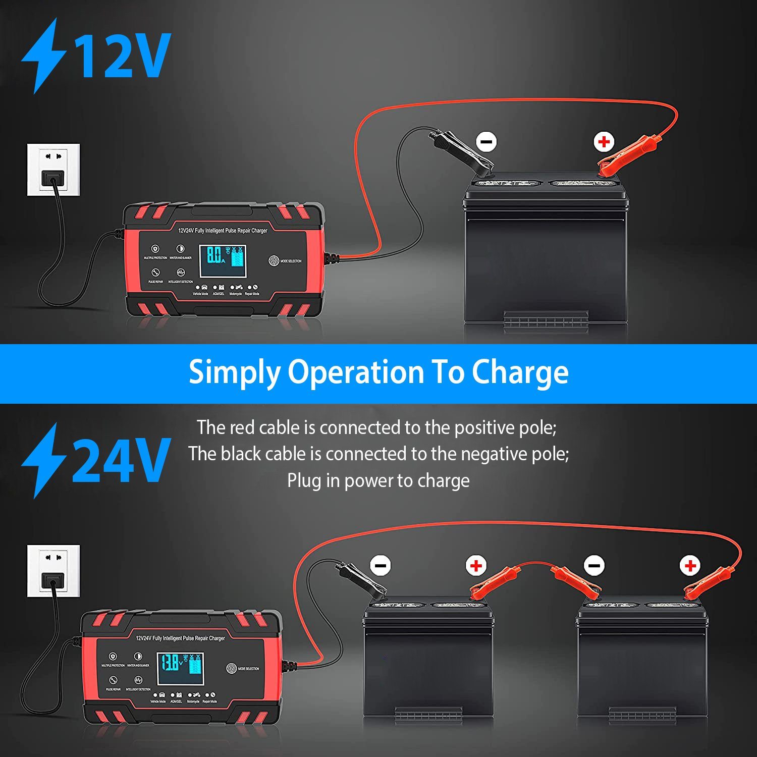 Smart Automatic Battery Charger with LCD Display Automotive - DailySale