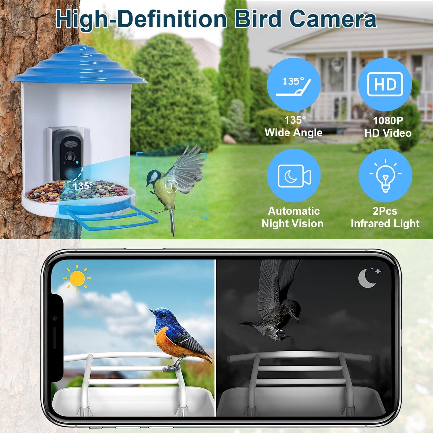 Smart Bird Feeder with Solar Powered Camera 1080P HD AI Identify PIR Pet Supplies - DailySale