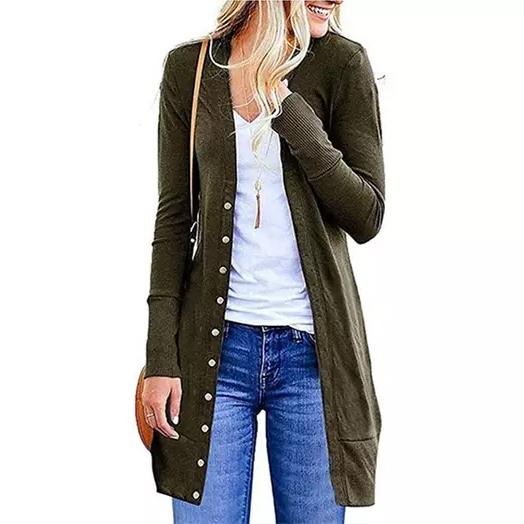 Snap Button Long Cardigan Women's Clothing Army Green S - DailySale