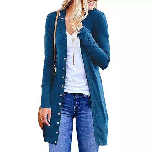 Snap Button Long Cardigan Women's Clothing Dark Blue S - DailySale