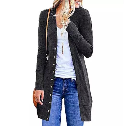 Snap Button Long Cardigan Women's Clothing Dark Gray S - DailySale