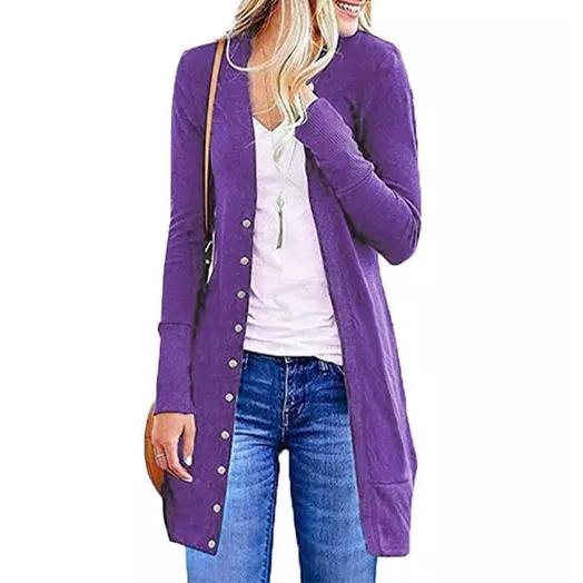 Snap Button Long Cardigan Women's Clothing Purple S - DailySale