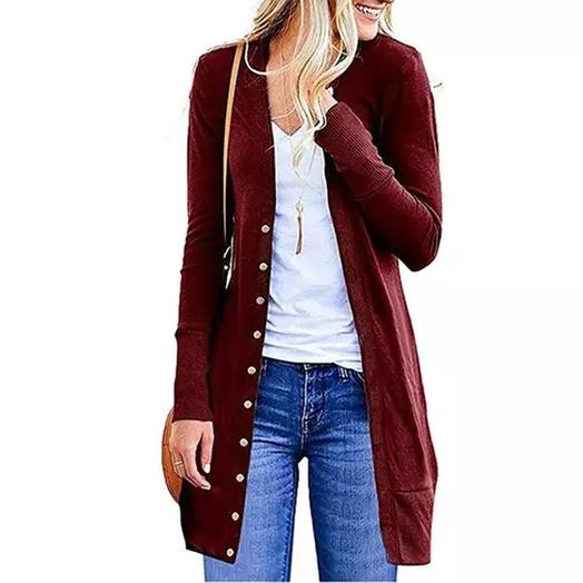 Snap Button Long Cardigan Women's Clothing Red S - DailySale