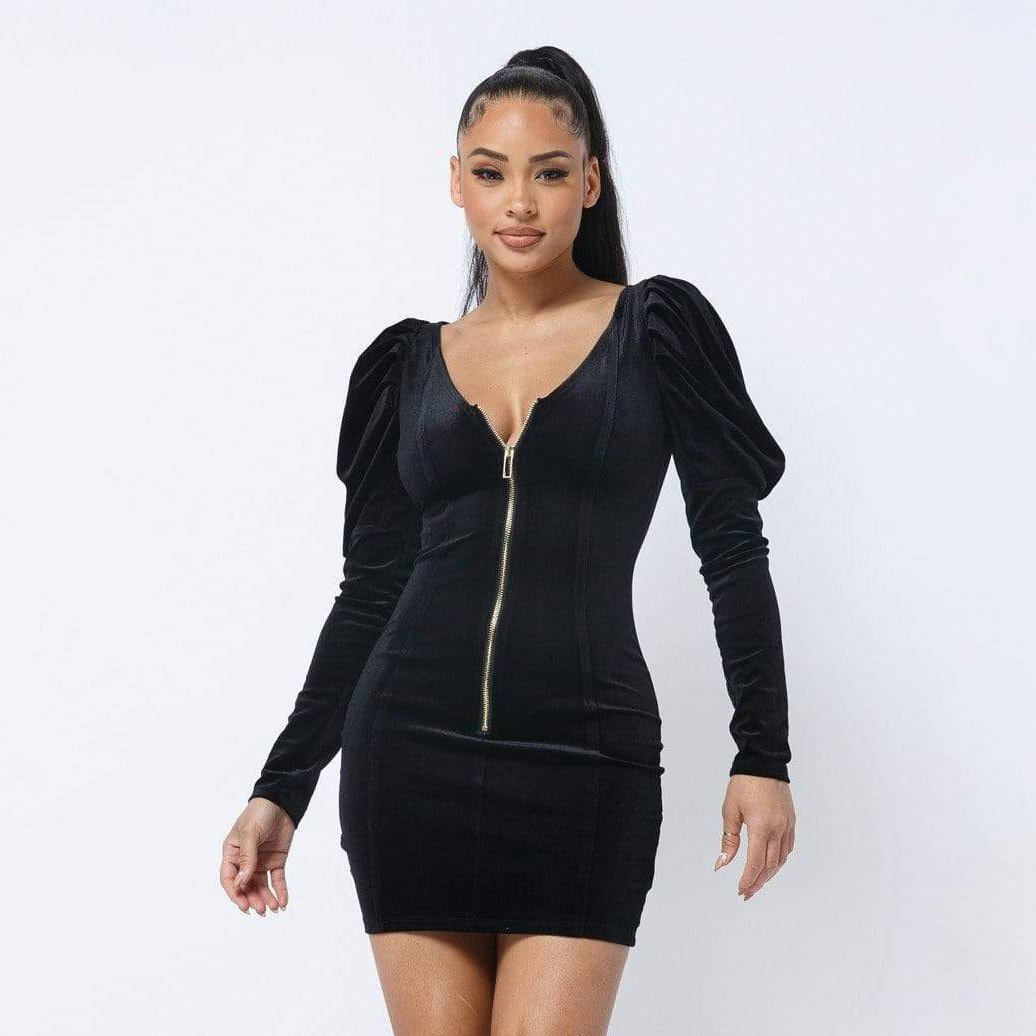 Soft Velvet Pleated Puff Sleeve Mini Dress Women's Dresses - DailySale