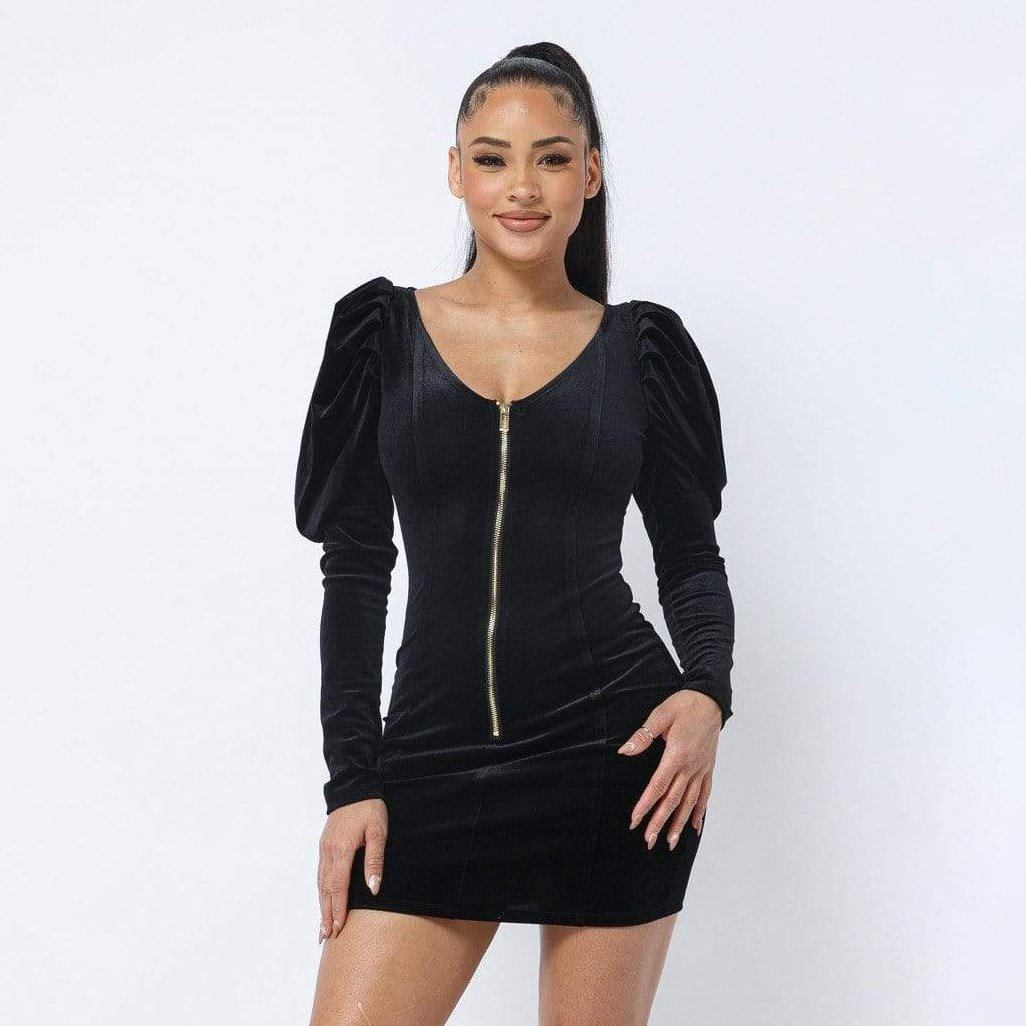 Soft Velvet Pleated Puff Sleeve Mini Dress Women's Dresses S - DailySale