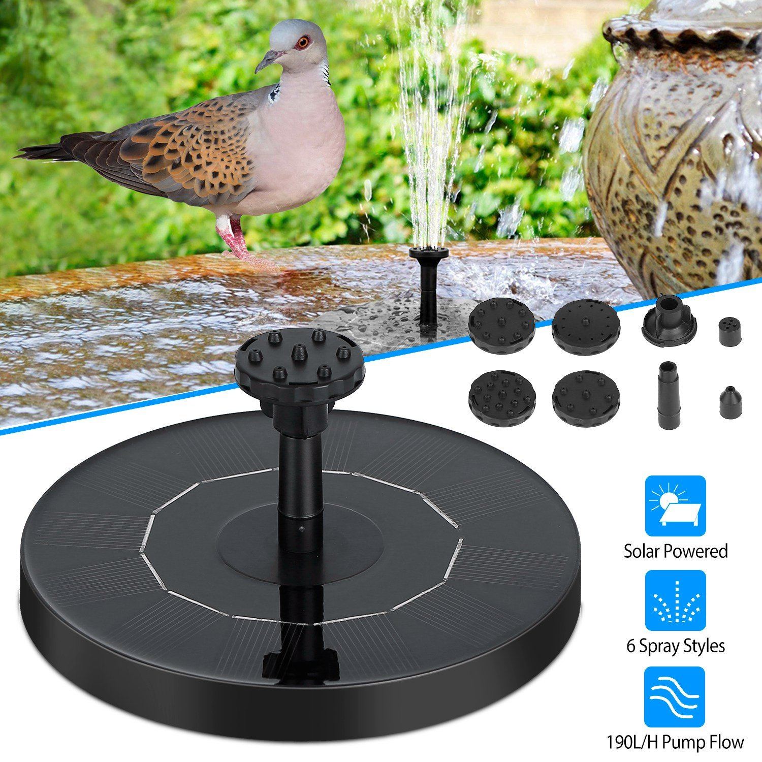 Solar Powered Fountain Pump Floating Bird Bath Pond Garden & Patio - DailySale