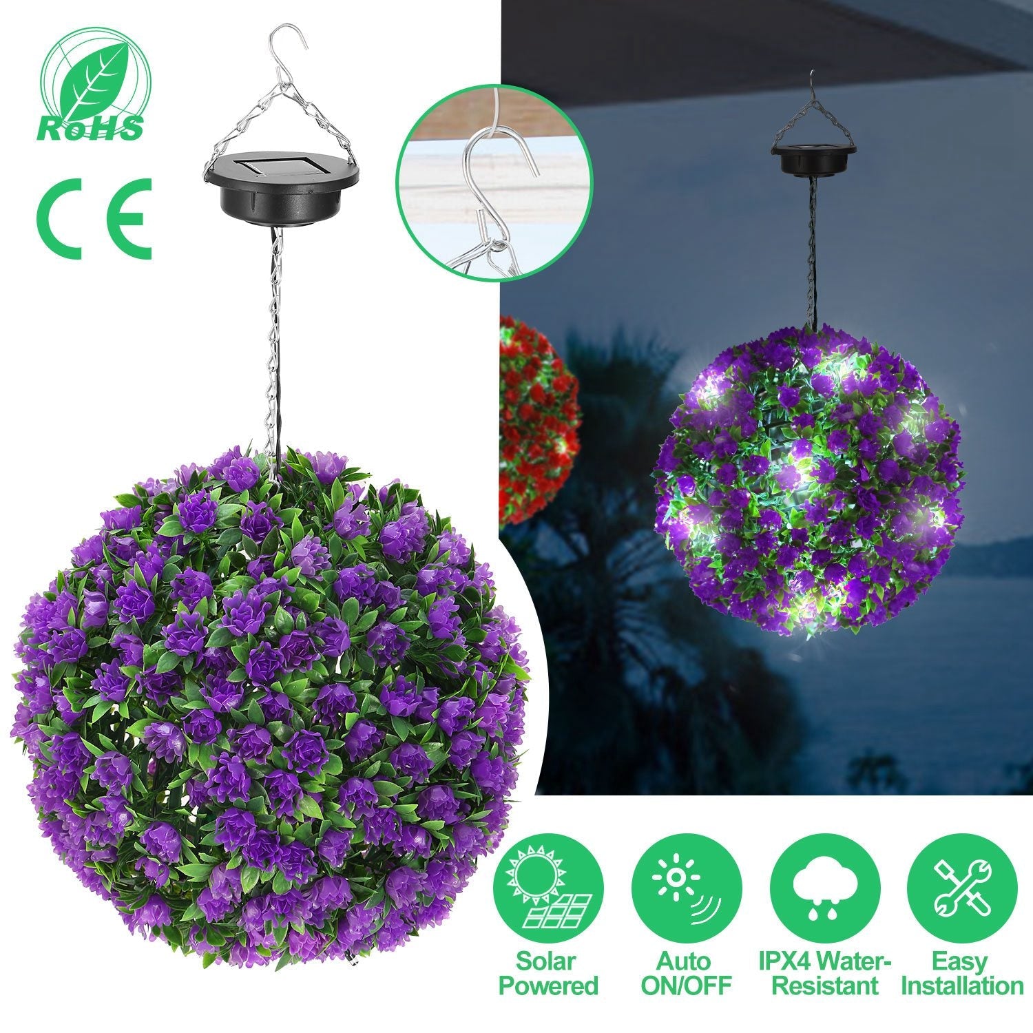 Solar Powered Topiary Ball Artificial Rose 20 LED Lights Garden & Patio - DailySale