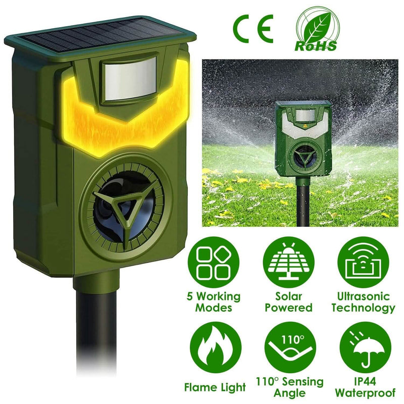Solar Ultrasonic Animal Repeller with Flame Light USB Charge Motion Sensor Pest Control - DailySale