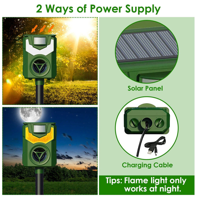 Solar Ultrasonic Animal Repeller with Flame Light USB Charge Motion Sensor Pest Control - DailySale
