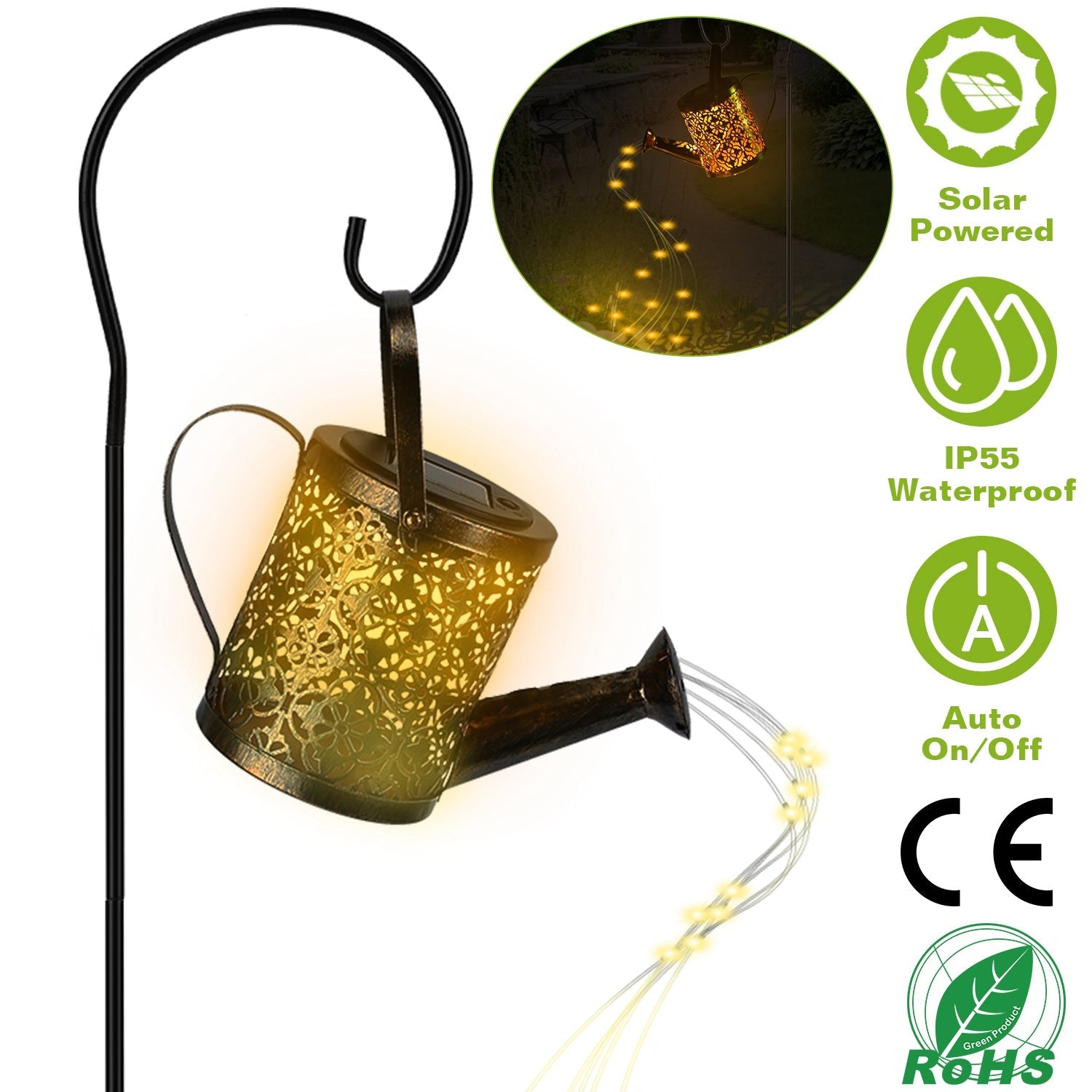 Solar Watering Can Powdered String Light Stake Garden & Patio - DailySale