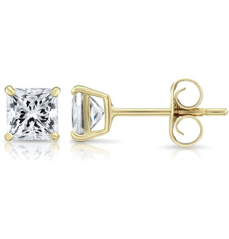 Solid 14K Yellow Gold Large 8mm Square Cut Crystal Studs Earrings - DailySale
