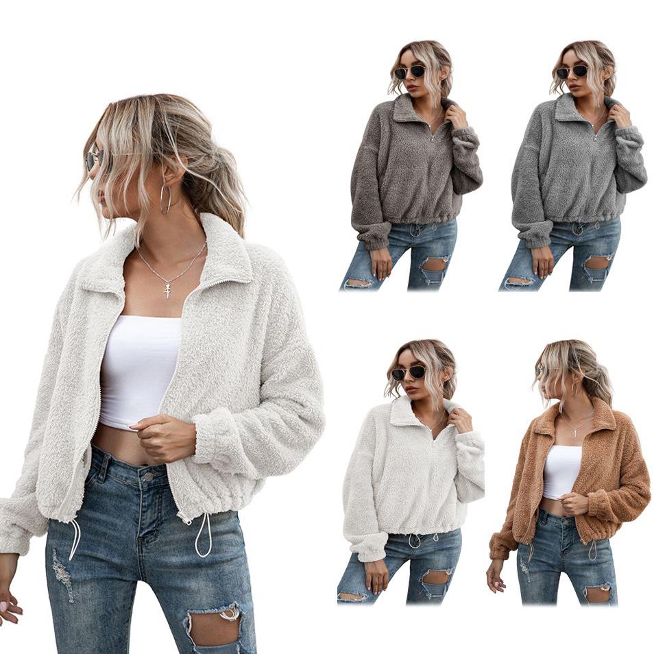 Solid Drawstring Hem Crop Teddy Jacket Women's Clothing - DailySale