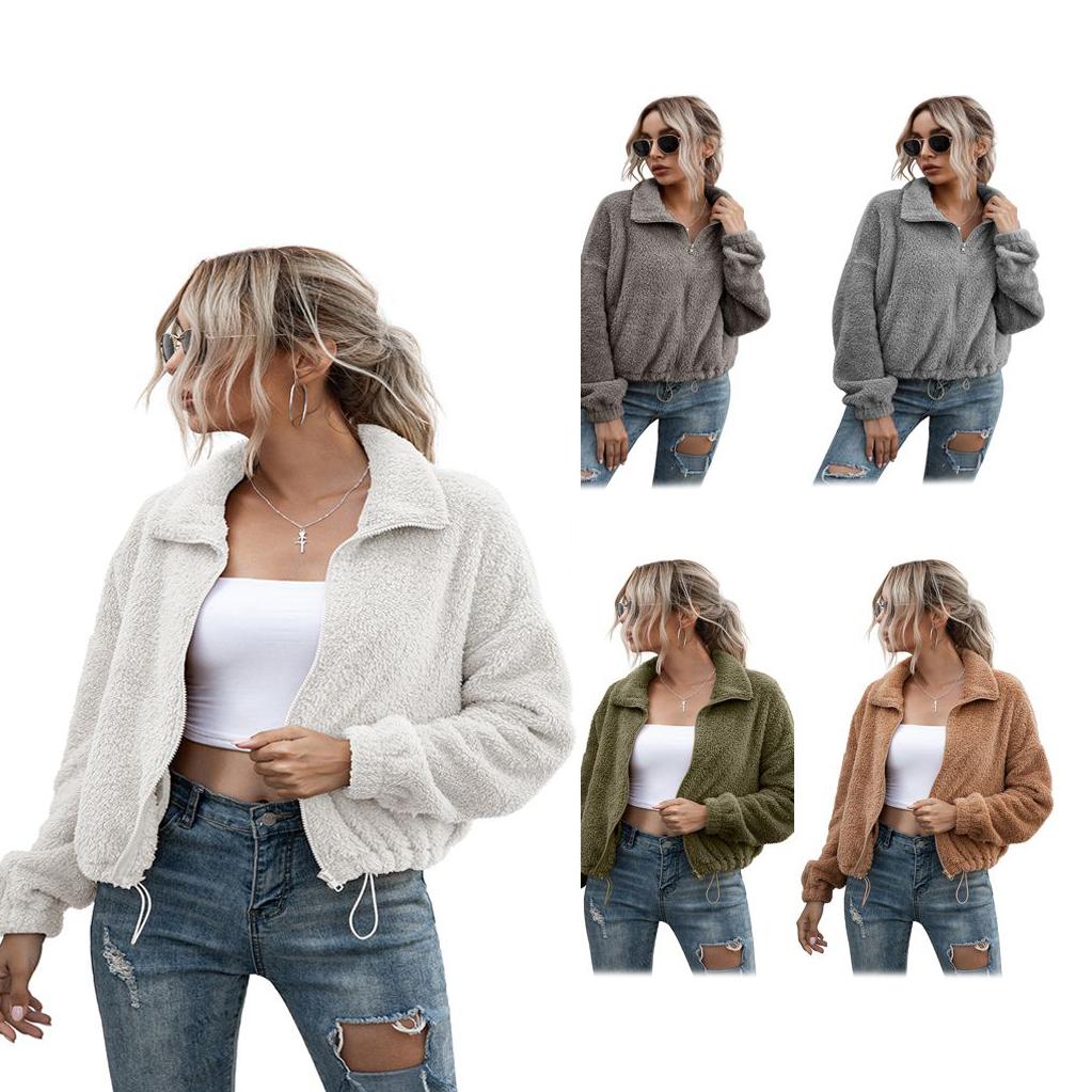 Solid Drawstring Hem Crop Teddy Jacket Women's Clothing - DailySale