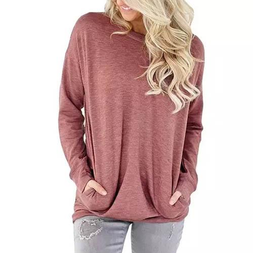 Solid Long Sleeve Shirt Women's Clothing Red S - DailySale