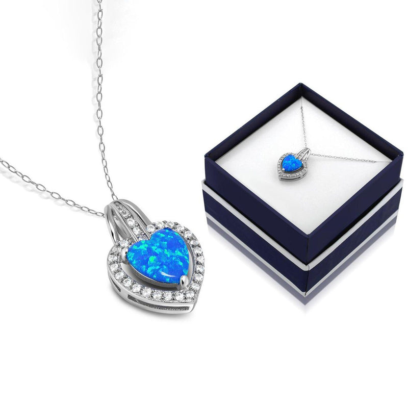 Solid Sterling Silver Blue Opal Heart Halo Necklace With Gift Box By MUIBLU Gems Necklaces - DailySale