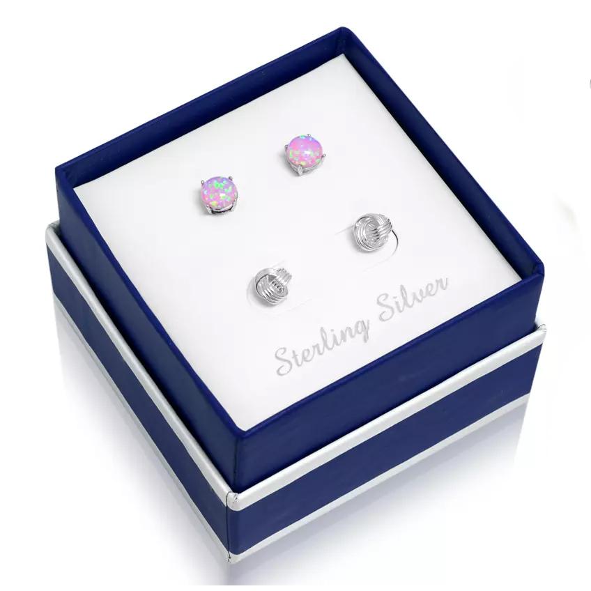 Solid Sterling Silver Love Knot And Pink Opal Earring Set Earrings - DailySale