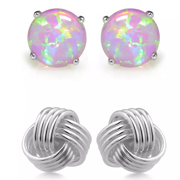 Solid Sterling Silver Love Knot And Pink Opal Earring Set Earrings - DailySale