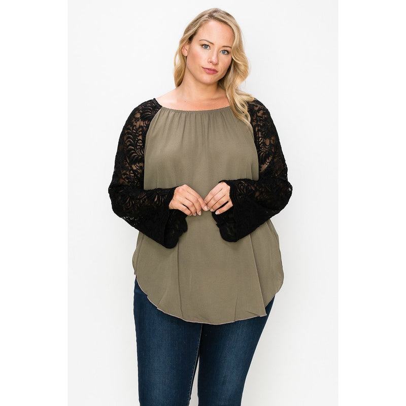 Solid Top Featuring Flattering Lace Bell Sleeves Women's Tops Army Green XL - DailySale