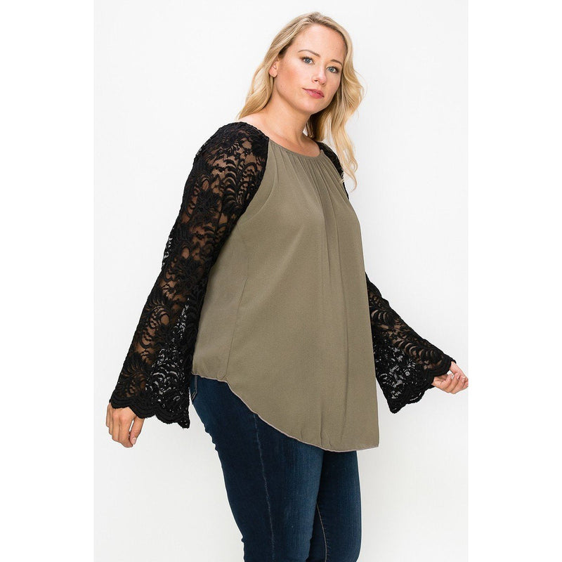 Solid Top Featuring Flattering Lace Bell Sleeves Women's Tops - DailySale