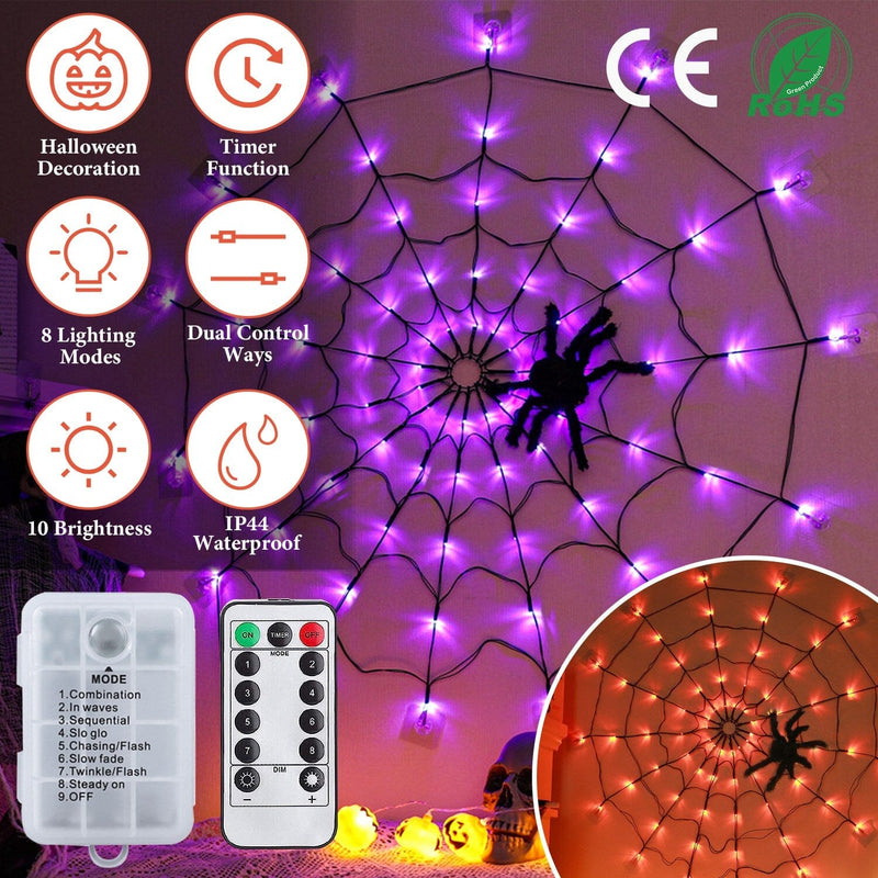 Spider Web Light with Hairy Spider 70LED Battery Powered Remote Control 8 Lighting Modes Holiday Decor & Apparel - DailySale