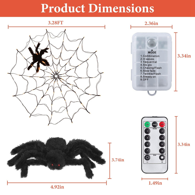 Spider Web Light with Hairy Spider 70LED Battery Powered Remote Control 8 Lighting Modes Holiday Decor & Apparel - DailySale