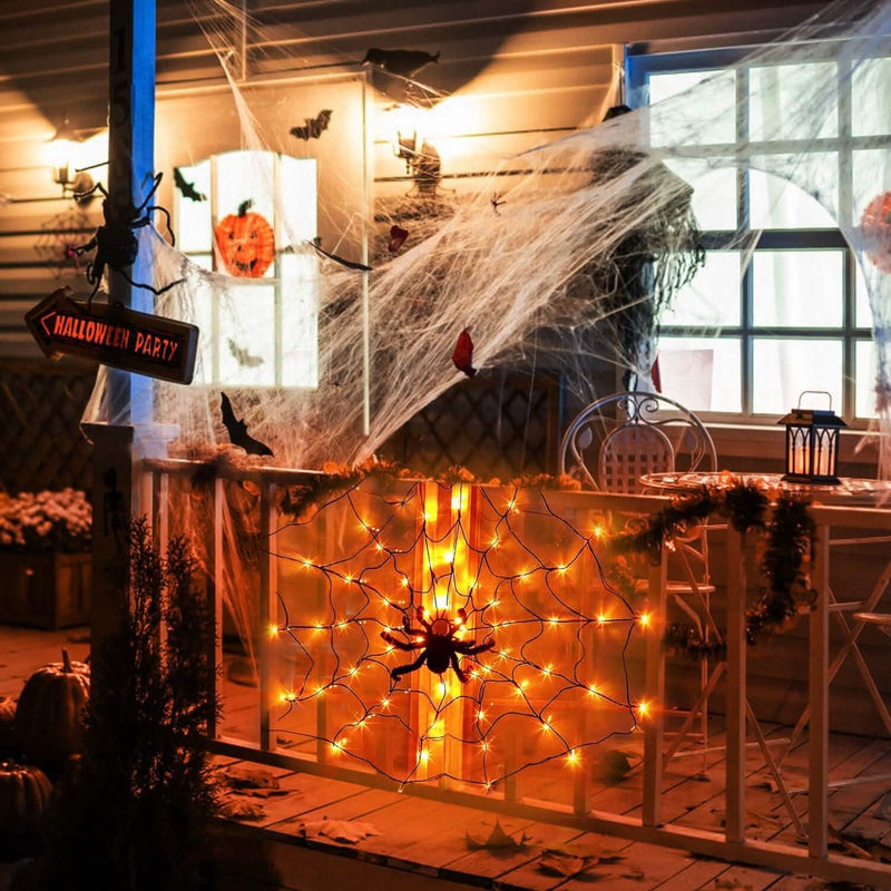 Spider Web Light with Hairy Spider 70LED Battery Powered Remote Control 8 Lighting Modes Holiday Decor & Apparel - DailySale