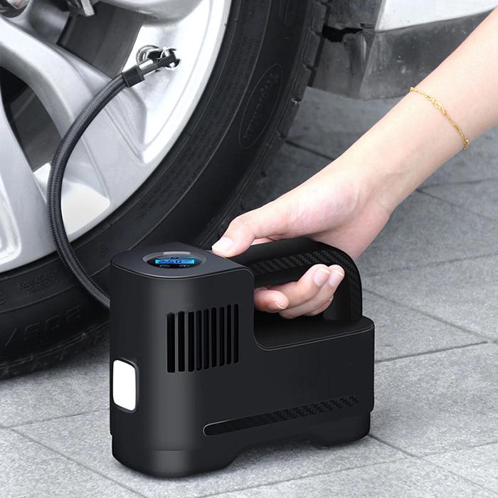 Demonstration of ST-217C Portable Car Electric Tire Multi-function 12V Air Pump filling up a car tire