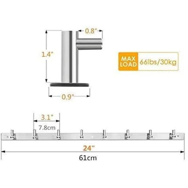 Stainless Steel 24" Wall Mounted Rack with 8 Hooks - Silver Kitchen Storage - DailySale