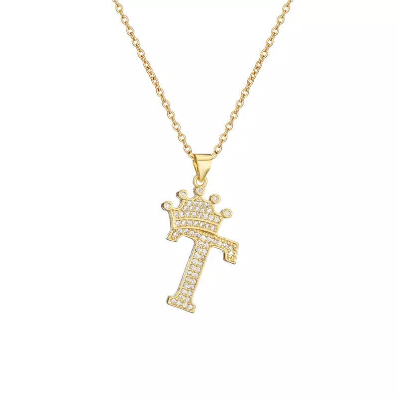 Stainless Steel Gold Overlay Hip Hop Crown A-Z Letters Necklace for Men and Women Necklaces T - DailySale