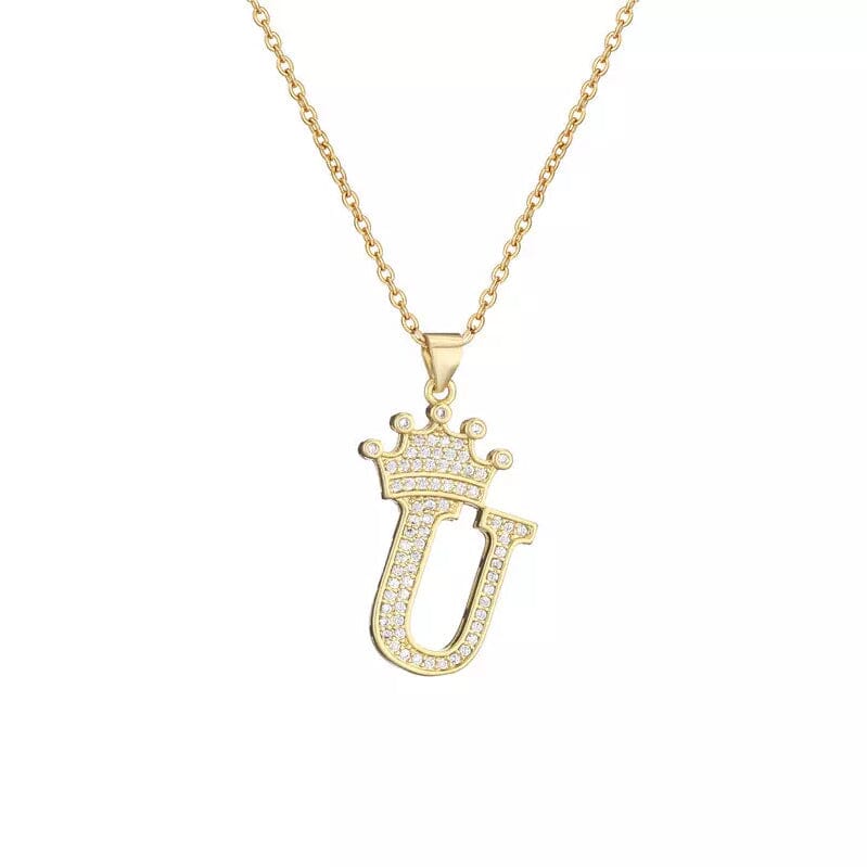 Stainless Steel Gold Overlay Hip Hop Crown A-Z Letters Necklace for Men and Women Necklaces U - DailySale